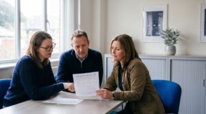 Three UK charity trustees reviewing a Cyber Essentials checklist in a cool modern office - AI-generated editorial hero