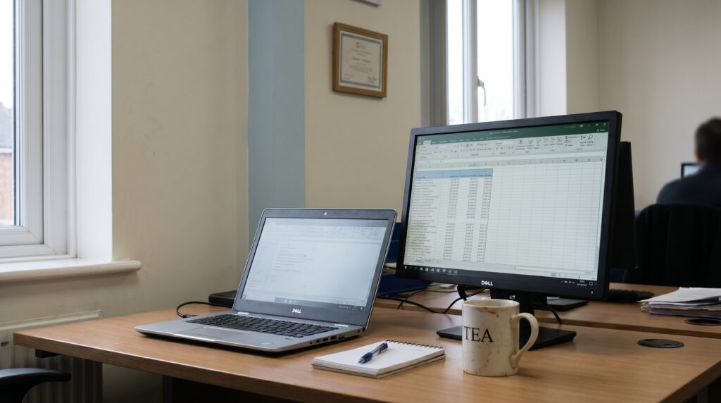 A working UK office desk &mdash; Microsoft 365 identity protection monitors these environments 24/7