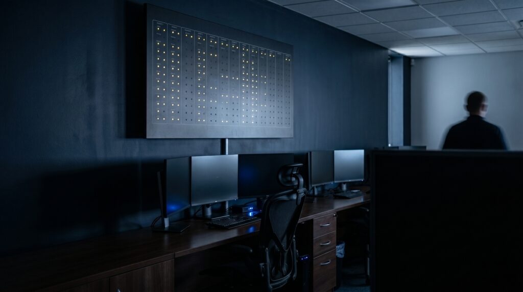Ingenio UK Security Operations Centre &mdash; 24/7 cyber security monitoring workstation with wall-mounted threat status display