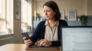 UK business professional pausing to verify a suspicious email before clicking — illustrating the shift from spotting AI phishing typos to verifying intent