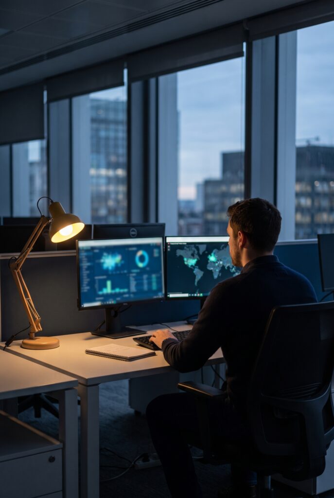 Cyber security analyst monitoring AI threat detection dashboards in a UK office at dusk