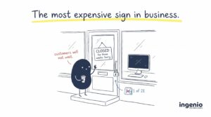 Hand-drawn illustration of a business front door with a sign reading closed for three weeks after a cyber attack, with a locked-out customer waiting outside