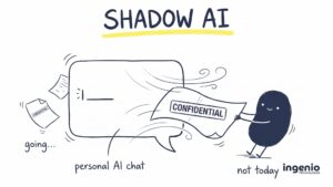 Shadow AI illustration: Ingi the Ingenio mascot holding on to a confidential document being pulled into a personal AI chat window