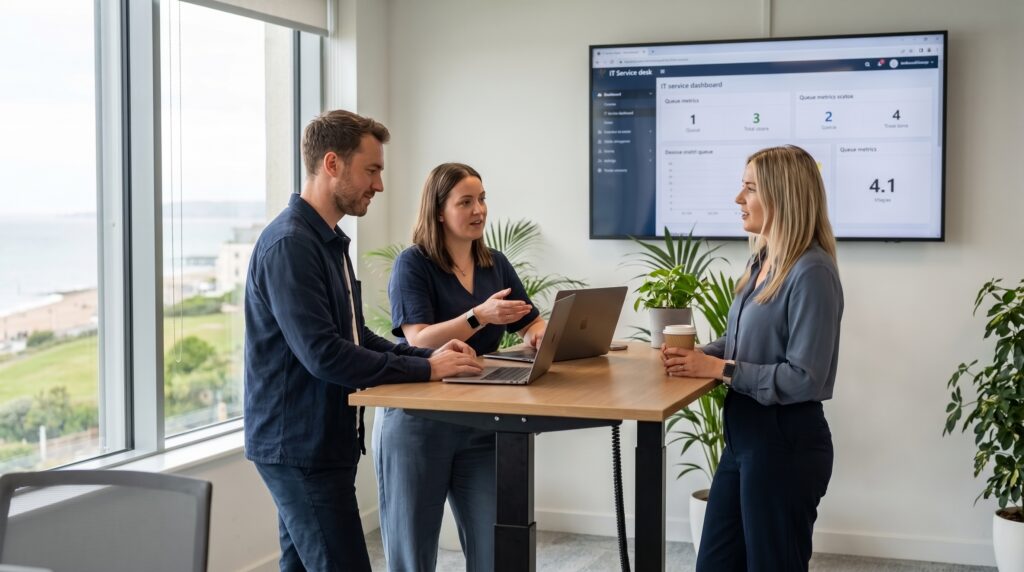 Ingenio co-managed IT support team reviewing the service desk queue near Brighton