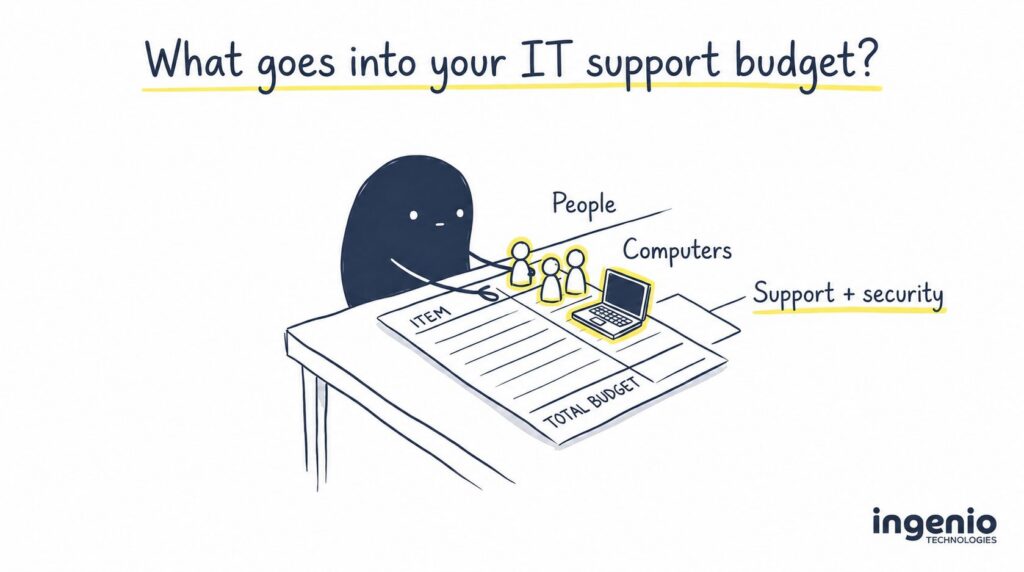 Ingi building an IT support budget from the number of people and computers, with support and security included.