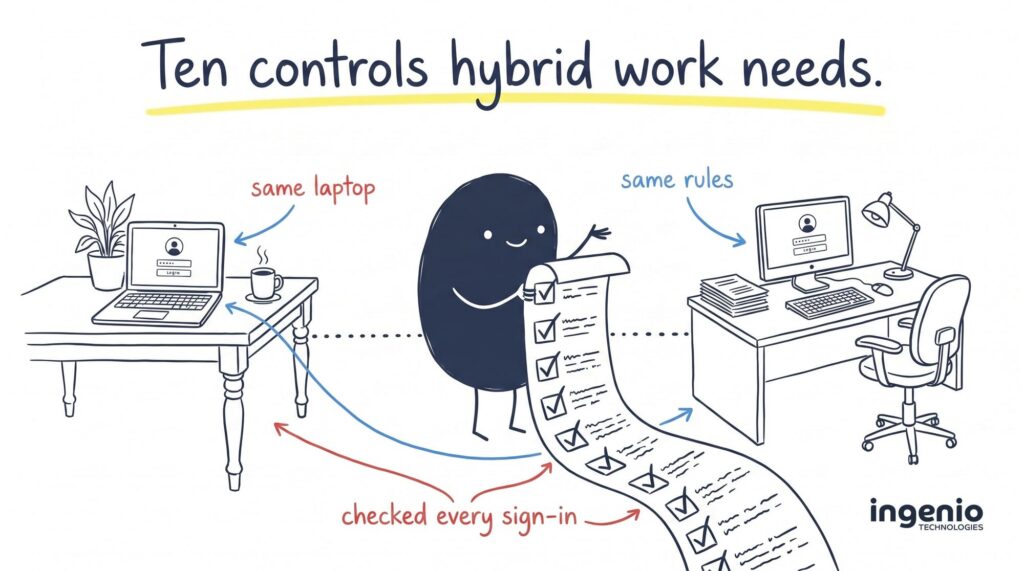 Hand-drawn Ingenio illustration of Ingi holding a ten-point checklist between a home kitchen table and an office desk, headed Ten controls hybrid work needs