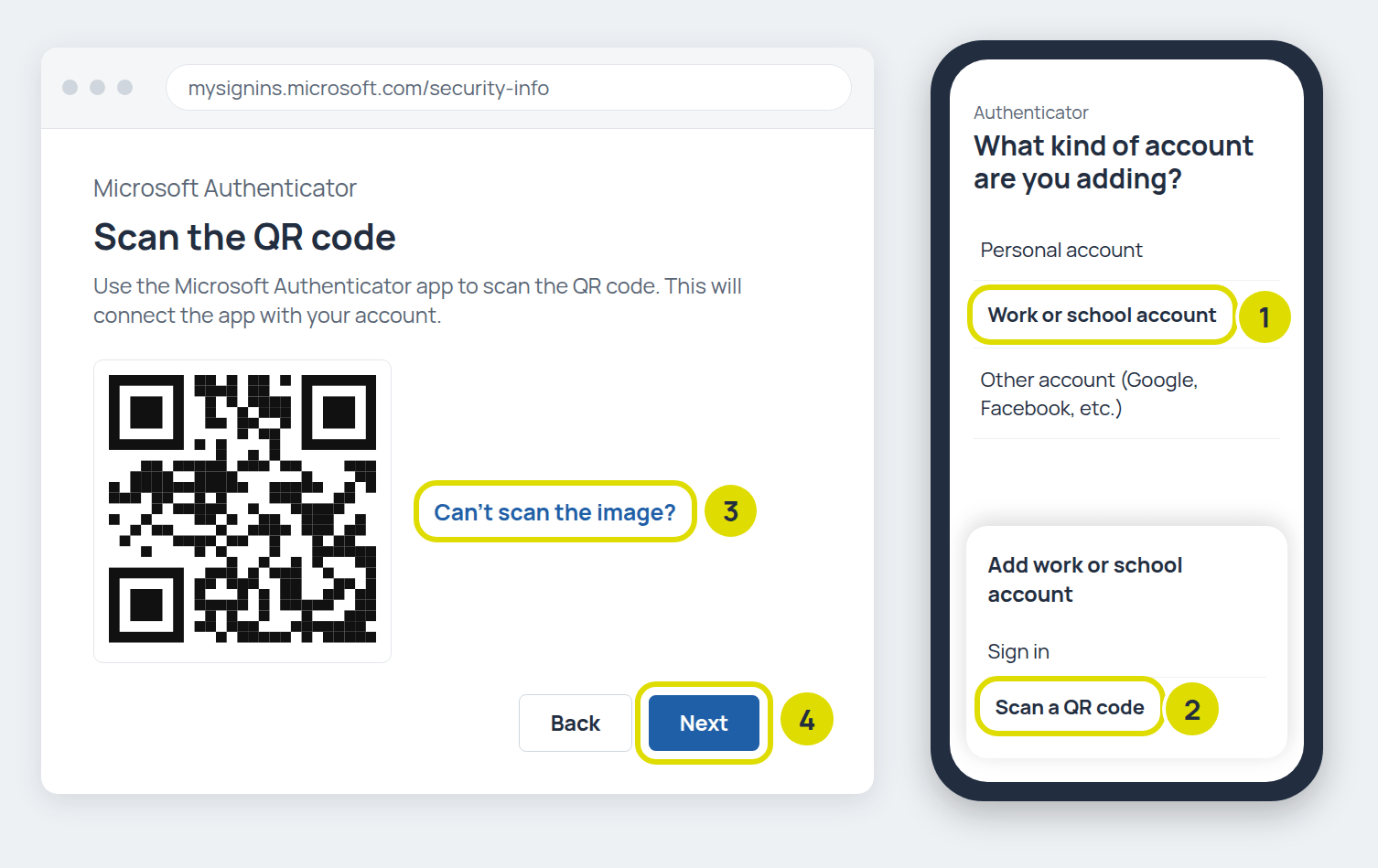 Example Scan the QR code screen on a computer beside a phone showing the Microsoft Authenticator app's Work or school account and Scan a QR code options
