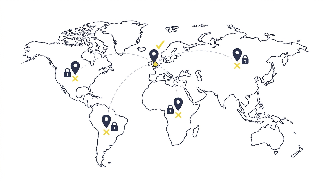 Hand-drawn world map with a genuine sign-in from the UK marked with a tick, and blocked sign-in attempts from other countries marked with padlocks and crosses