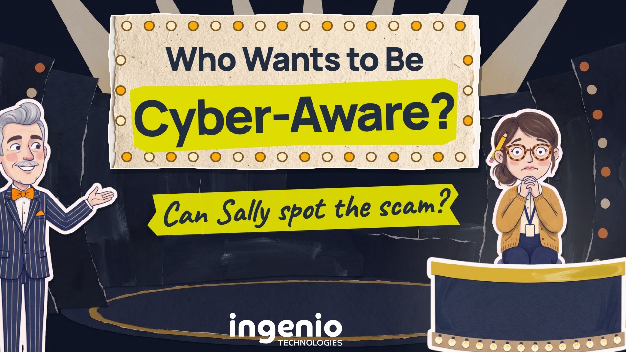 Who Wants to Be Cyber-Aware? video thumbnail: a quiz host in a pinstripe suit and Sally in the hot seat, with the strapline Can Sally spot the scam?