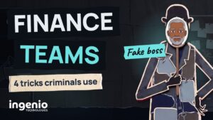 Finance team video thumbnail: a paper villain holding up the managing director's face as a mask, labelled fake boss, beside the words Finance teams, 4 tricks criminals use