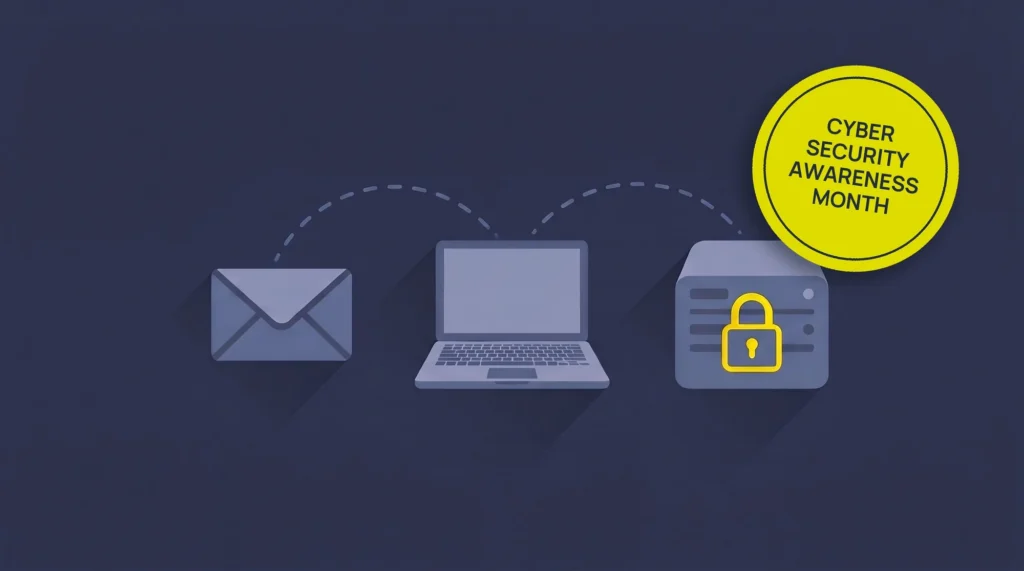 Flat illustration of a ransomware attack moving from an email to a laptop to a server locked with a yellow padlock