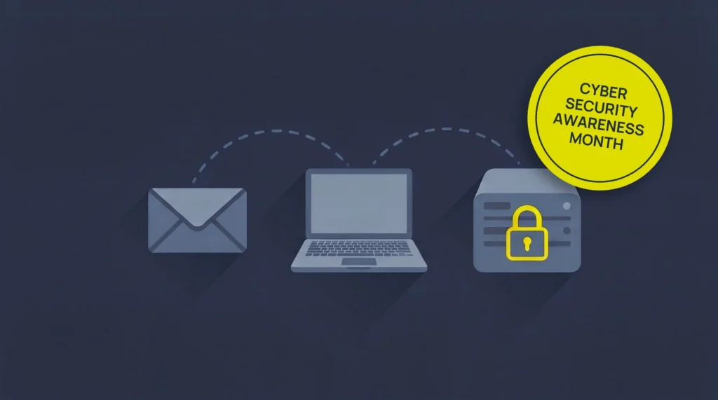Flat illustration of a ransomware attack moving from an email to a laptop to a server locked with a yellow padlock