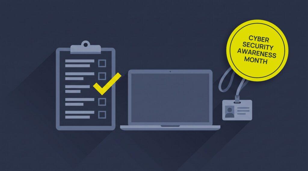A clipboard checklist with a yellow tick, a laptop and an ID badge on a lanyard, with a Cyber Security Awareness Month sticker