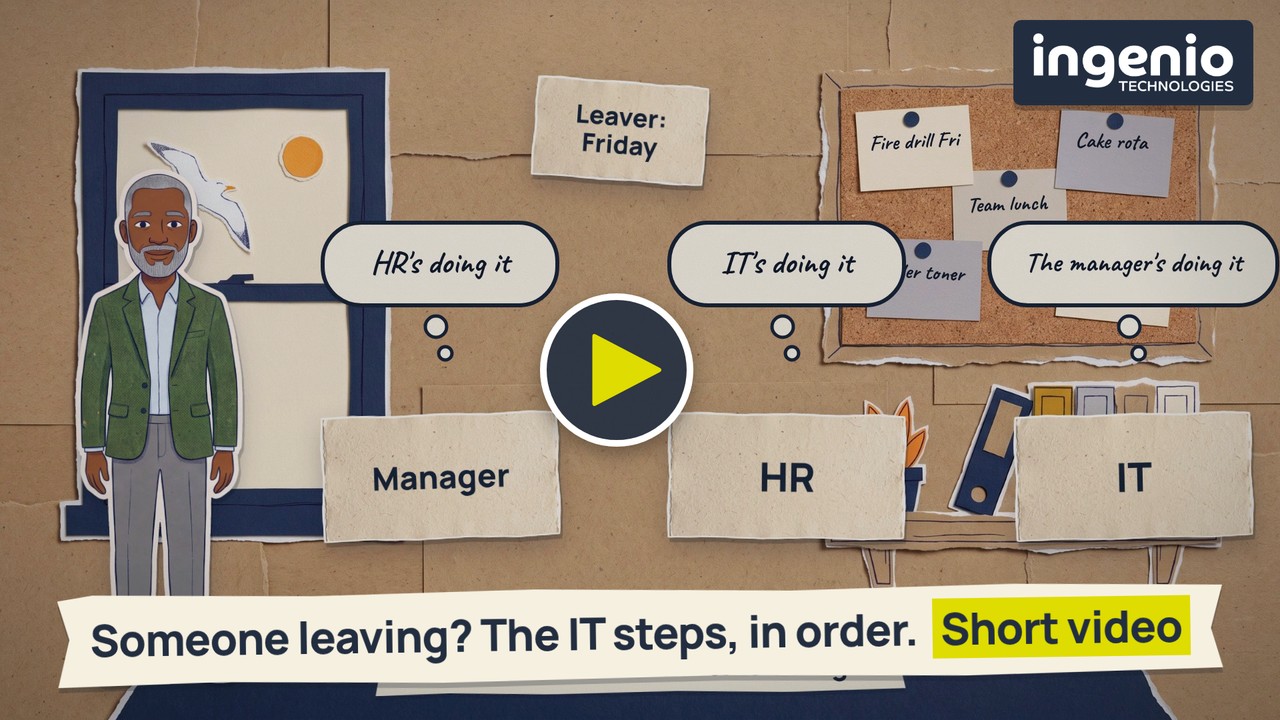 IT offboarding video thumbnail: a manager stands beside three desks labelled Manager, HR and IT, each with a thought bubble saying someone else is doing it, above the words Someone leaving? The IT steps, in order.
