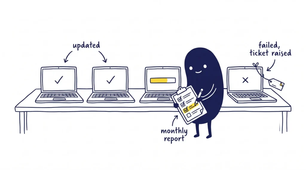 Hand-drawn Ingi mascot ticking off a monthly patch report beside a row of laptops: two updated, one installing and one failed with a ticket raised