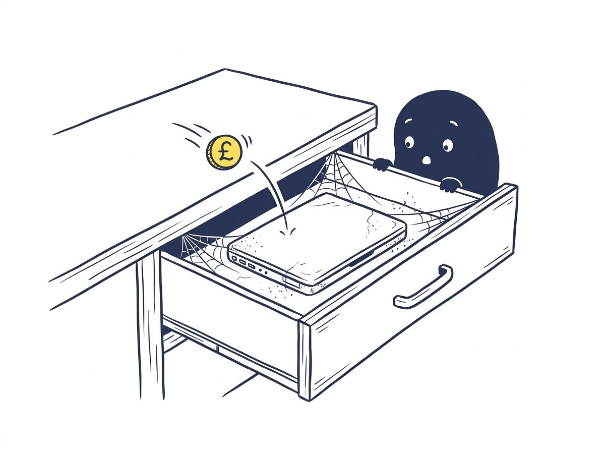 Hand-drawn old laptop gathering cobwebs in a desk drawer with a pound coin above it, showing a forgotten device that still costs money