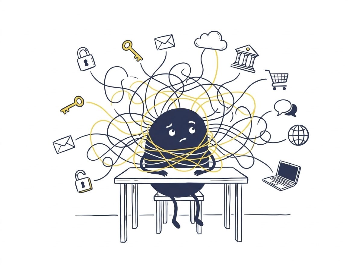 Hand-drawn character tangled in lines linking it to logins, banking, cloud apps and devices, showing permission creep built up over years