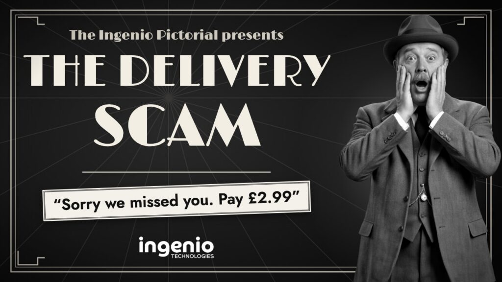 Parcel scam video thumbnail: a 1940s newsreel title card, The Delivery Scam, with a fake Sorry we missed you, pay £2.99 message and a shocked man in a trilby