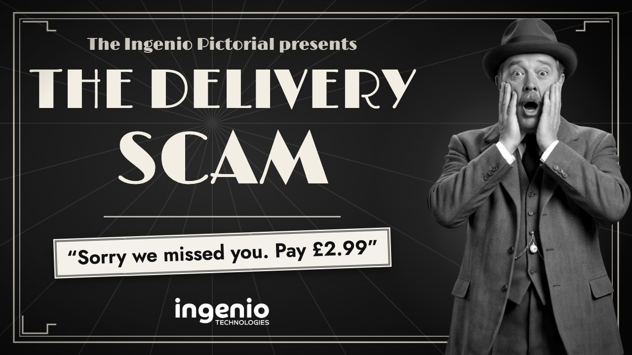 Parcel scam video thumbnail: a 1940s newsreel title card, The Delivery Scam, with a fake Sorry we missed you, pay £2.99 message and a shocked man in a trilby