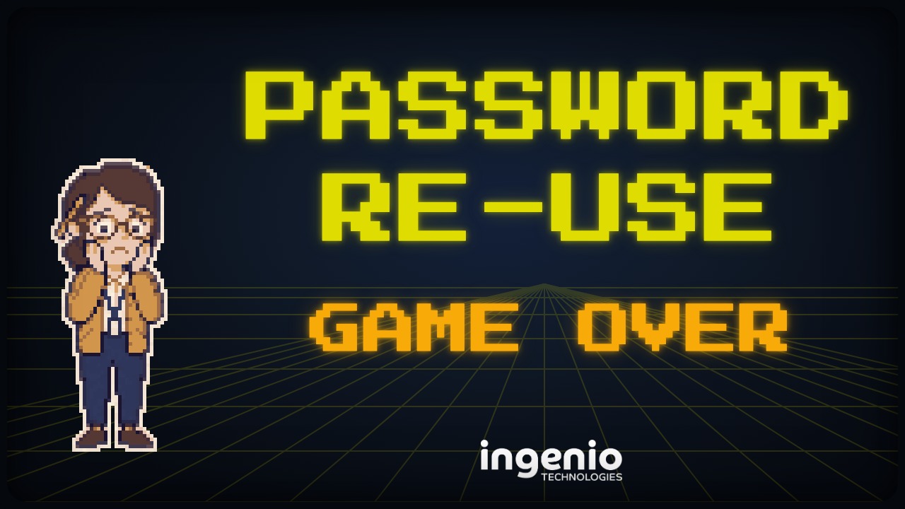 Password re-use video thumbnail: a pixel-art office manager looks worried beside the words Password re-use, Game over, on a 1980s computer screen