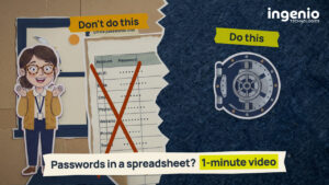 Passwords in a spreadsheet video thumbnail: Sally beside a crossed-out office password spreadsheet marked Don't do this, and a password vault marked Do this
