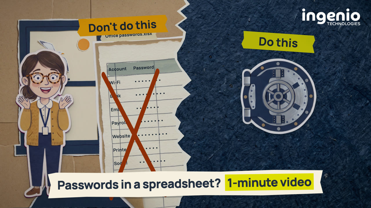 Passwords in a spreadsheet video thumbnail: Sally beside a crossed-out office password spreadsheet marked Don't do this, and a password vault marked Do this