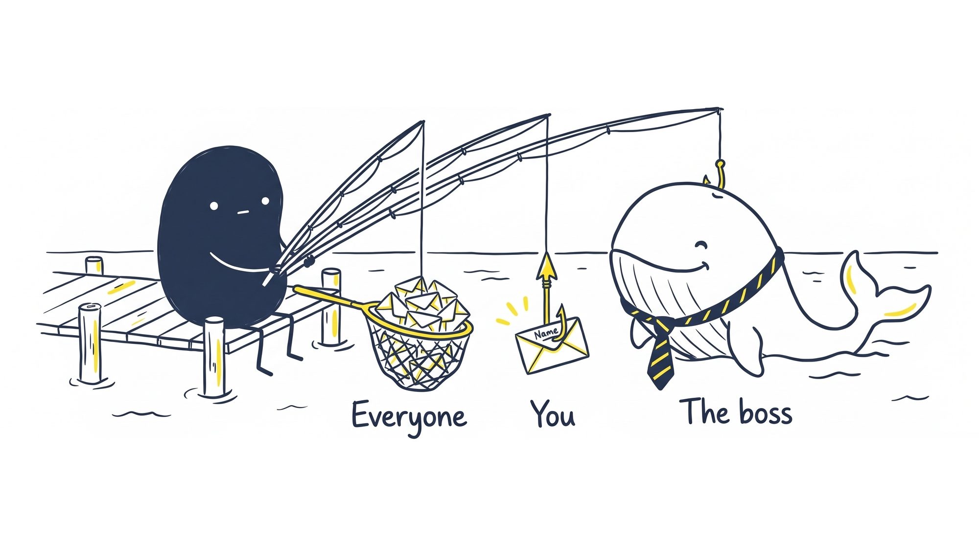 Ingi fishing from a jetty with a net, a spear and a hook, showing how phishing targets everyone, spear phishing targets you and whaling targets the boss