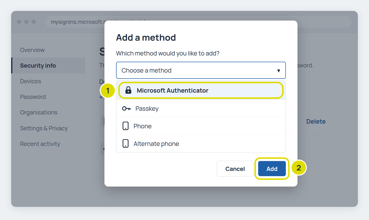 Example Add a method window with a drop-down list of Microsoft Authenticator, Passkey, Phone and Alternate phone, with Microsoft Authenticator and the Add button highlighted