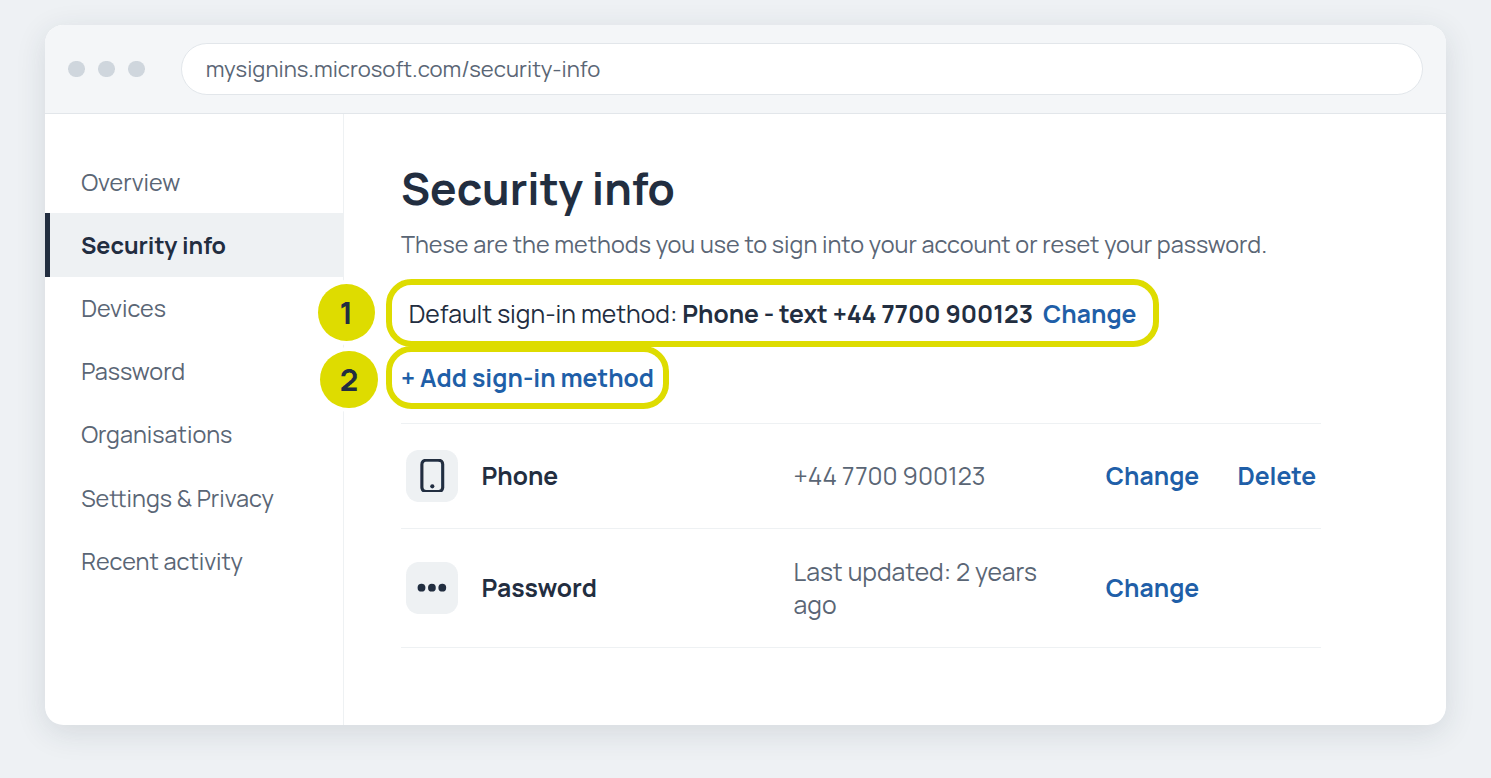 Example Microsoft Security info page where the default sign-in method is a text to a phone number, with the Add sign-in method link highlighted
