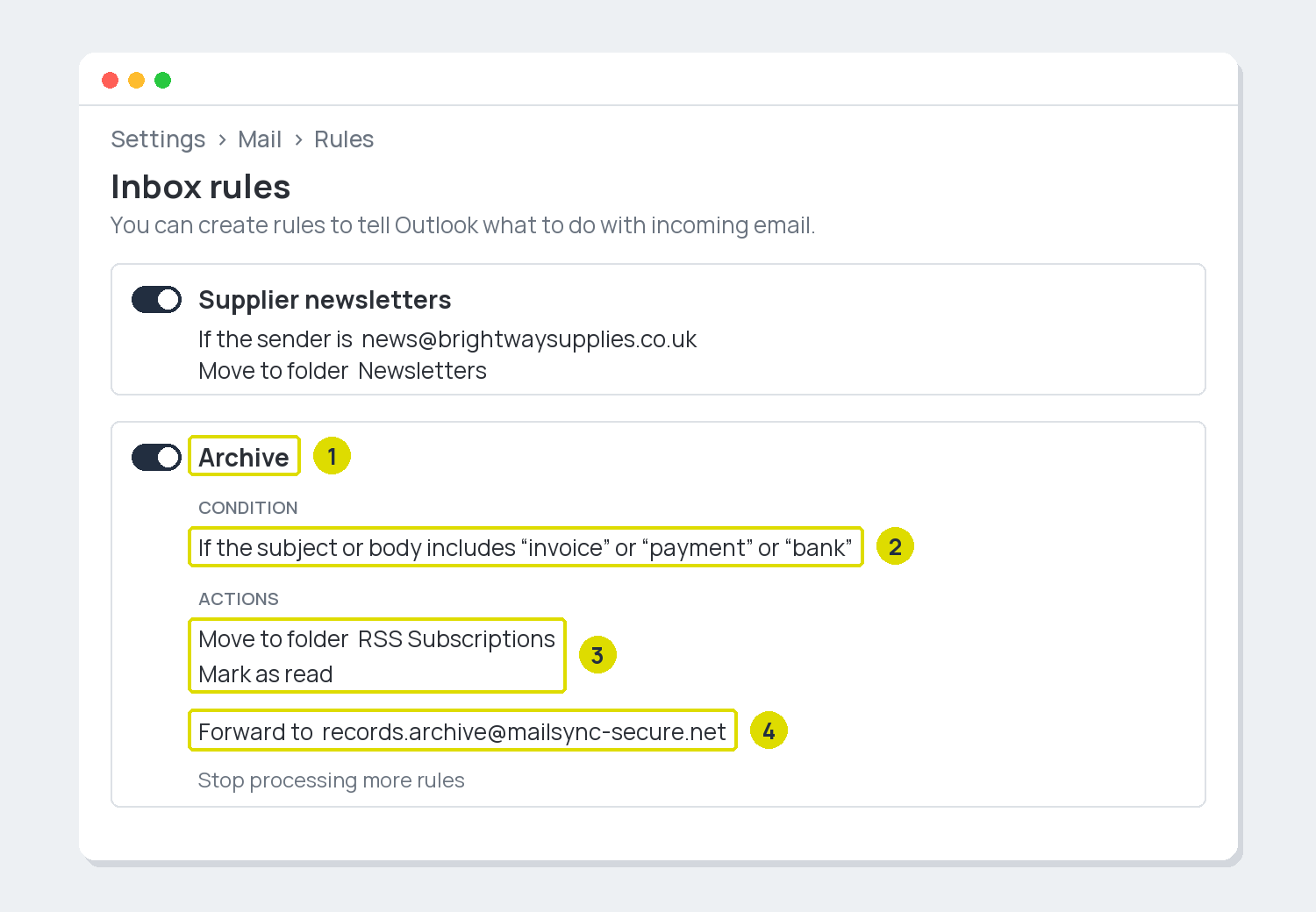 Example Outlook inbox rule set up by an attacker, which moves emails mentioning invoices, payments or bank details to the RSS Subscriptions folder, marks them as read and forwards them to an outside address