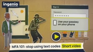 MFA 101 video thumbnail: a paper-collage managing director points at a crook in a bowler hat who shields his eyes, beside a sign-in box asking him to use the passkey on his phone, above the words MFA 101: stop using text codes.
